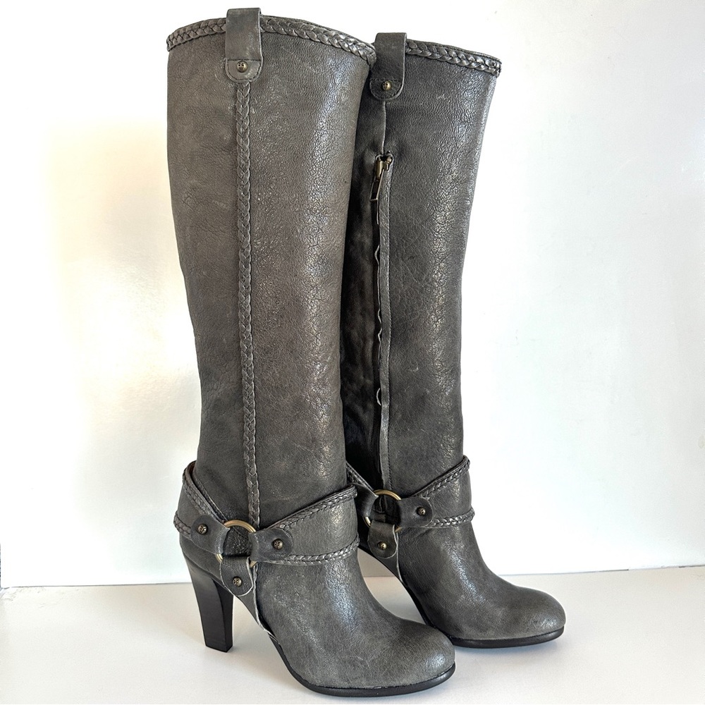 FRYE VICKI TALL GRAY DISTRESSED HARNESS BRAIDED LEATHER HIGH HEEL BOOTS NWT! Sz6